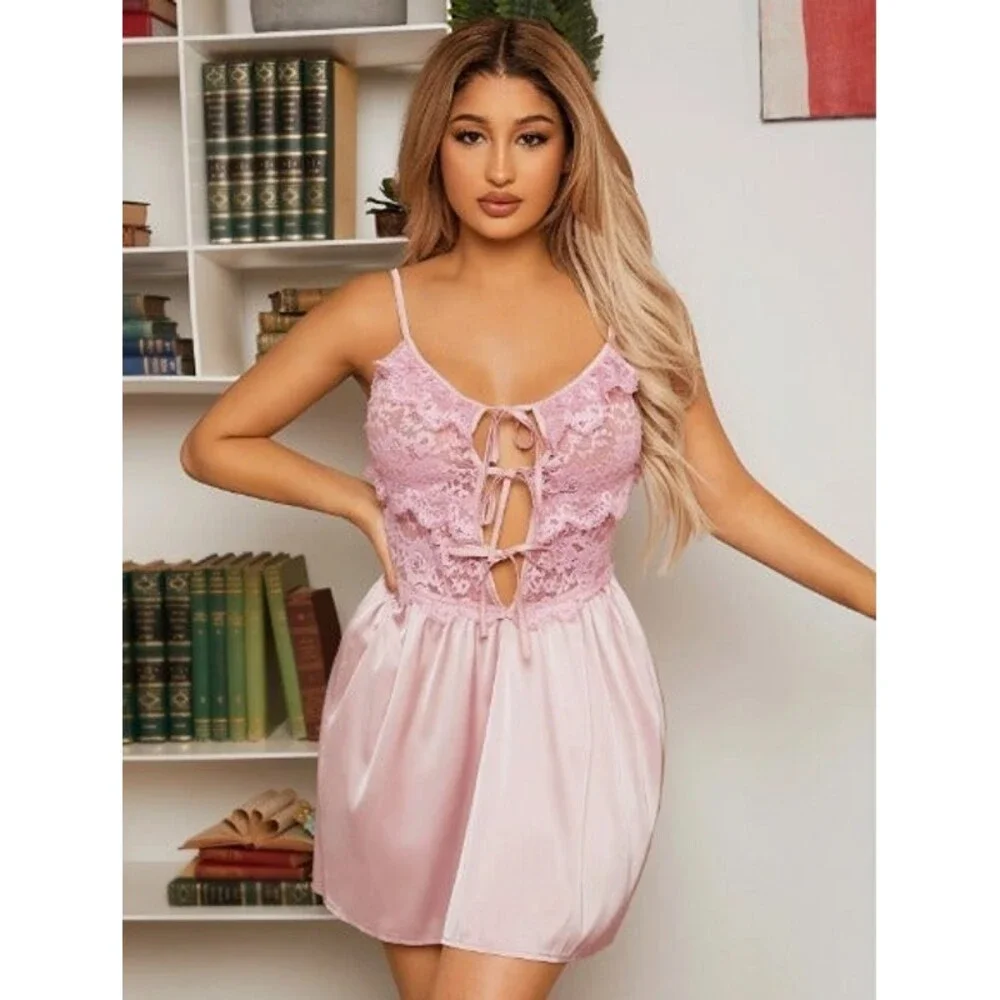 Size 8/10 (Large) Satin Lace Panel Ruffle Trim Knot Front Babydoll Slip
